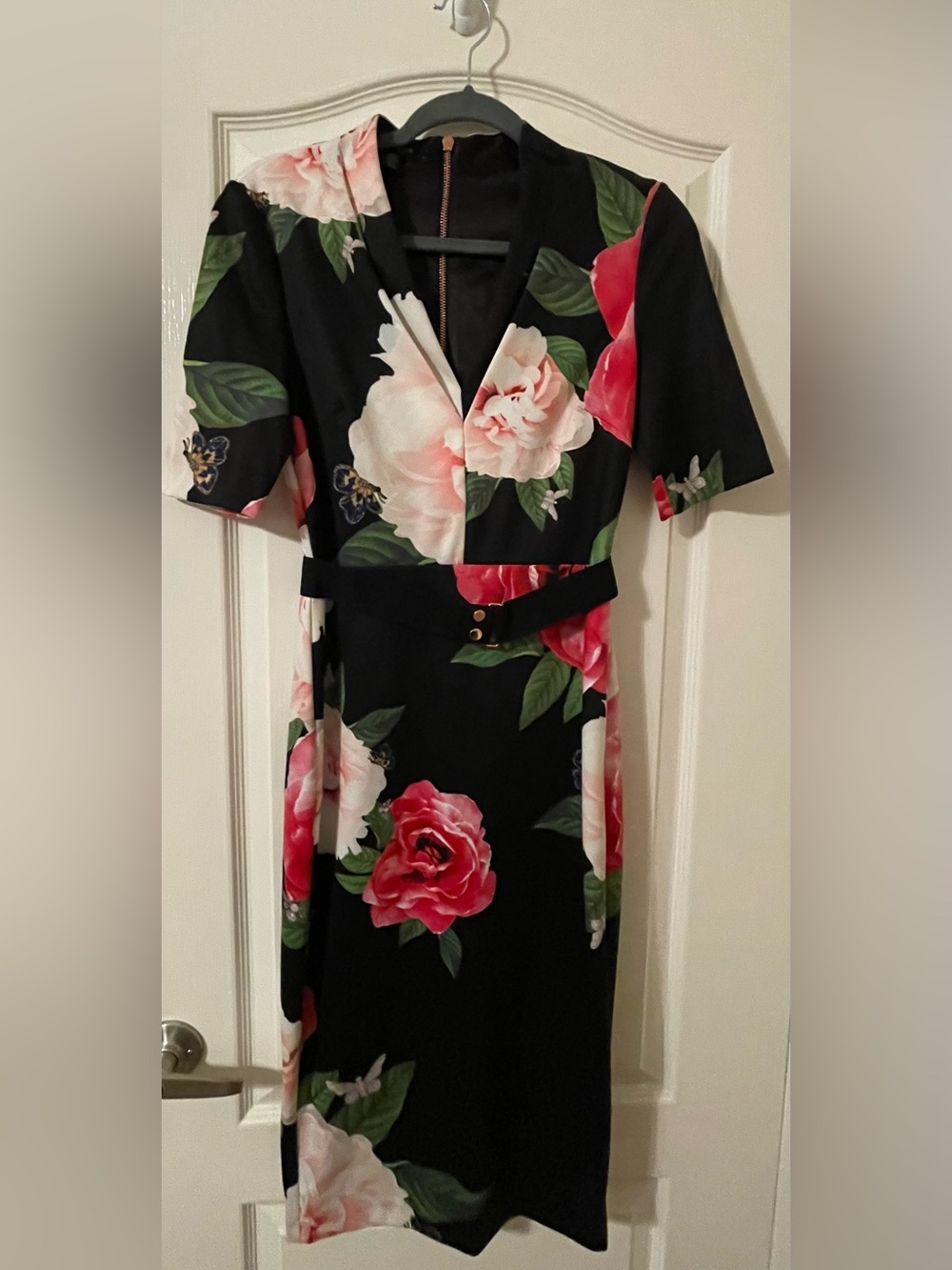 Ted Baker London Floral V-Neck Sheath Dress in Black with Pink Rose Print